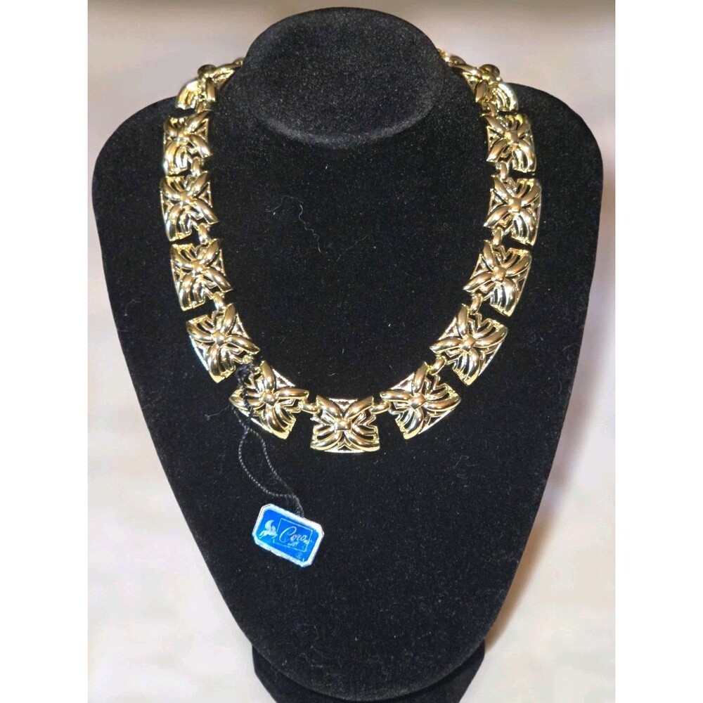 Coro Gold Tone Floral Statement Cable Link Necklace Adjustable 16" Lobster